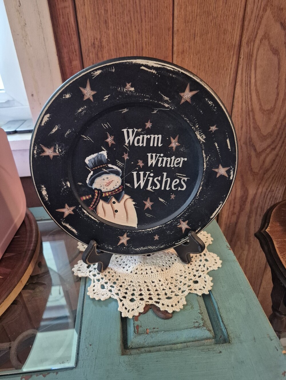 Large Wood Christmas Snowman Decor Plate With Stand